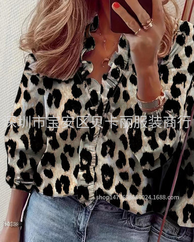 Spring and summer European and American new long-sleeved ruffle shirt women's shirt