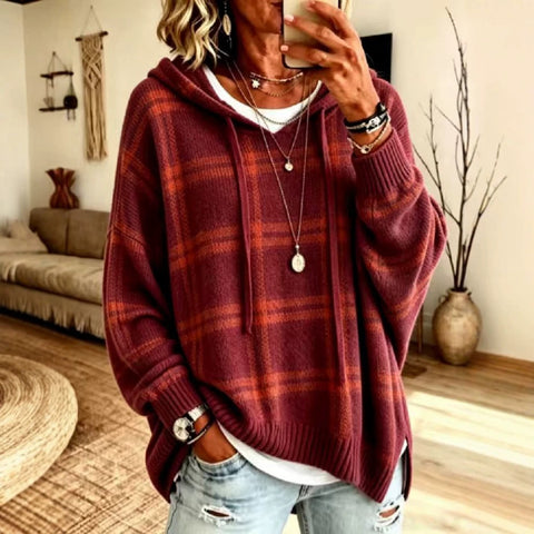 European and american retro plaid hooded knit sweatshirt - women's loose fit drop shoulder drawstring pullover sweater - casual outerwear top