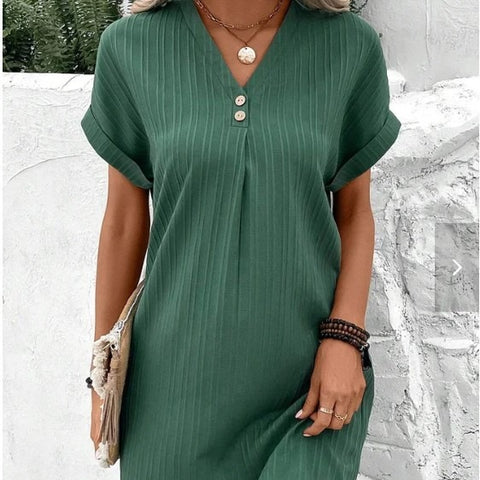 2026 new V-neck solid color pullover comfortable casual button dress