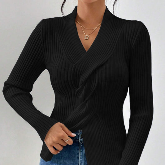 Women's Fashionable Slim-Fit Knitted Sweater - Solid Color, Long Sleeves with Ribbed Split Hem