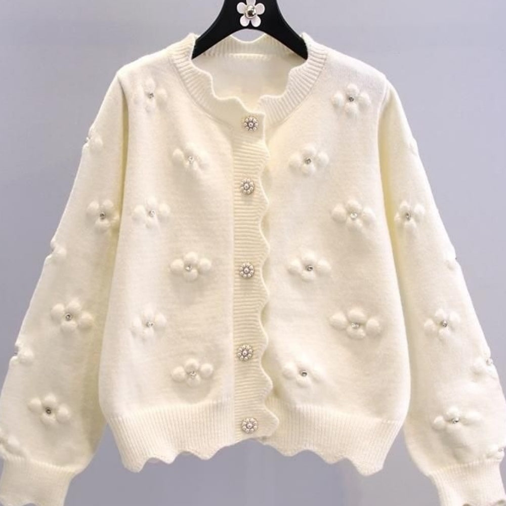 Women's Elegant Beaded Floral Cardigan - V-Neck, Long Sleeve, Lace Trim. Chic for Spring/Fall.