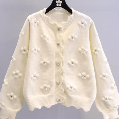 Women's Elegant Beaded Floral Cardigan - V-Neck, Long Sleeve, Lace Trim. Chic for Spring/Fall.
