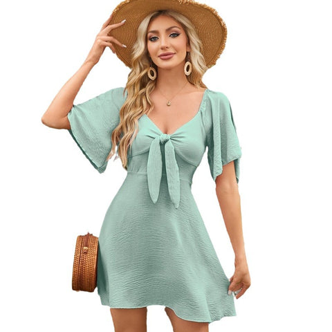 2026V neck bow strap short sleeve mini dress