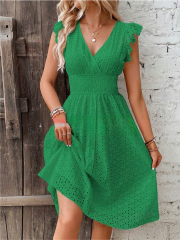 2026 new medium and long dress jacquard hollow and thin V-neck large size solid color dress