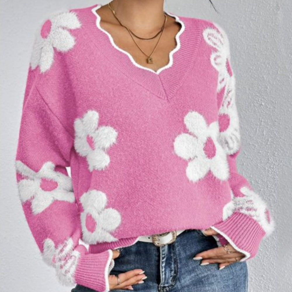 Women's V-Neck Floral   Long Sleeve Sweater