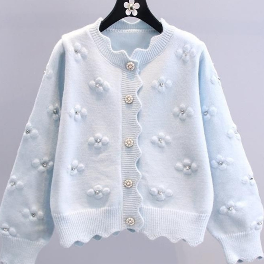 Women's Elegant Beaded Floral Cardigan - V-Neck, Long Sleeve, Lace Trim. Chic for Spring/Fall.