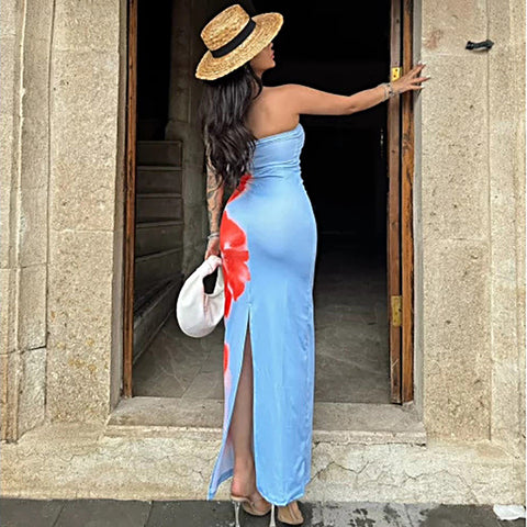 2026 Sexy Wind Slim-fit Printed Tub Top Split Hip Wrap Long Dress