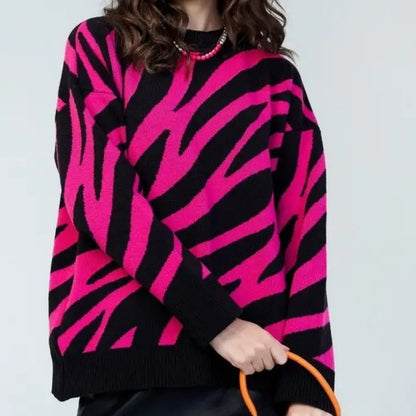 Women's Elegant Zebra Stripe Pullover: Soft round-neck,