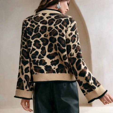 Women's Elegant Leopard Cardigan - Bow Tie Long Sleeve Fall Winter Loose Fit