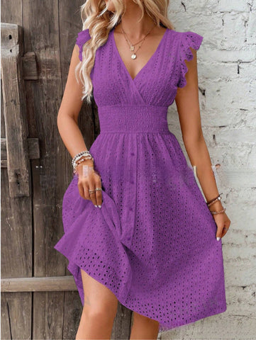 2026 new medium and long dress jacquard hollow and thin V-neck large size solid color dress