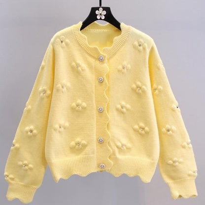 Women's Elegant Beaded Floral Cardigan - V-Neck, Long Sleeve, Lace Trim. Chic for Spring/Fall.