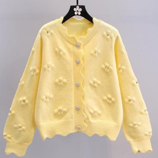 Women's Elegant Beaded Floral Cardigan - V-Neck, Long Sleeve, Lace Trim. Chic for Spring/Fall.