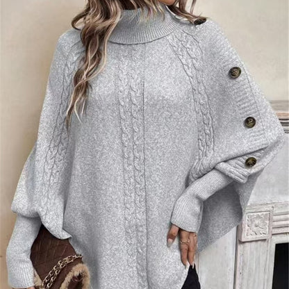 Women's Turtleneck with Button Accents, Long-Sleeve Batwing Style Sweater