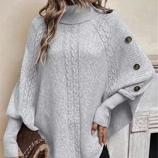 Women's Turtleneck with Button Accents, Long-Sleeve Batwing Style Sweater