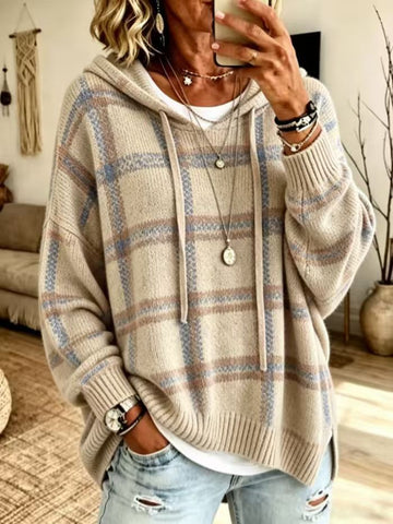 European and american retro plaid hooded knit sweatshirt - women's loose fit drop shoulder drawstring pullover sweater - casual outerwear top