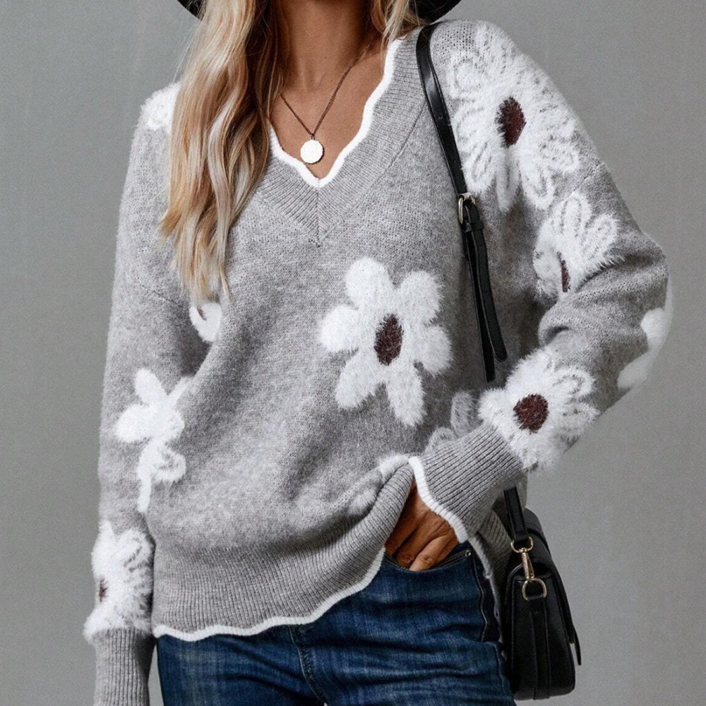 Women's V-Neck Floral   Long Sleeve Sweater