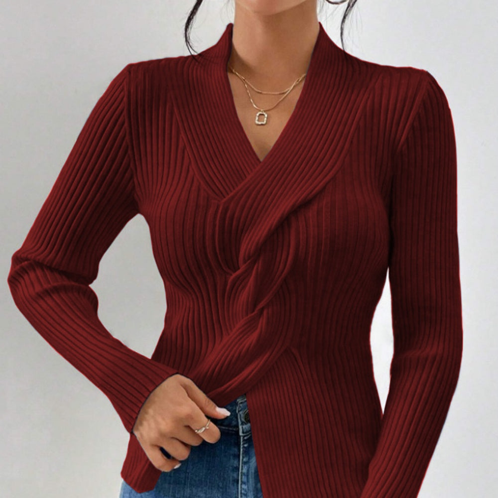 Women's Fashionable Slim-Fit Knitted Sweater - Solid Color, Long Sleeves with Ribbed Split Hem