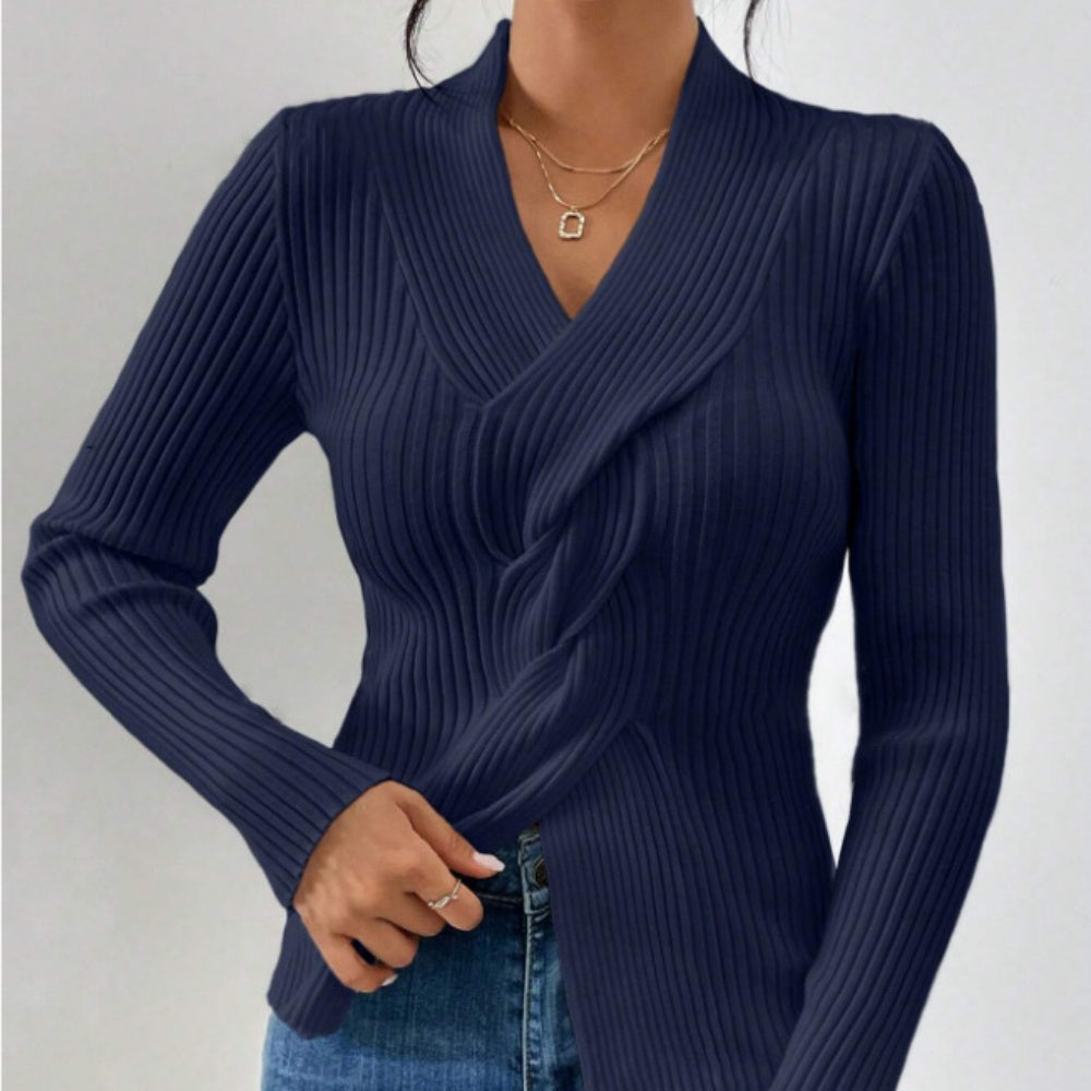 Women's Fashionable Slim-Fit Knitted Sweater - Solid Color, Long Sleeves with Ribbed Split Hem