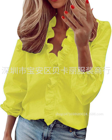 Spring and summer European and American new long-sleeved ruffle shirt women's shirt