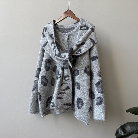 Women's Leopard Bow Collar Cardigan - Cropped H-Line Fall Winter Jacket