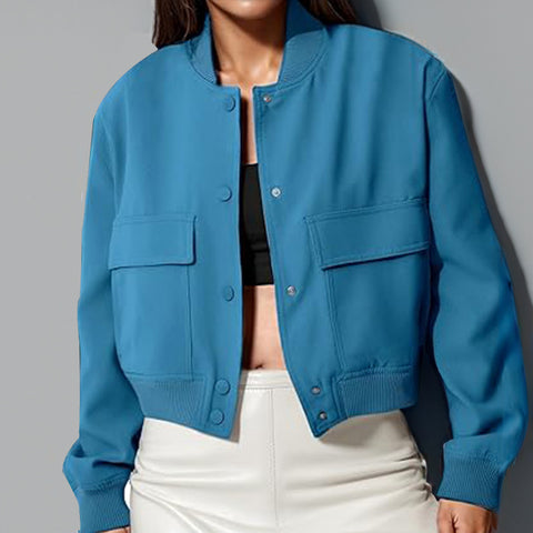 Women's Navy Blue V-Neck Blazer - Structured Short Jacket with Pockets