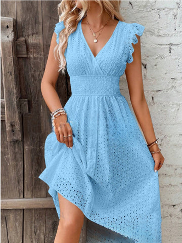 2026 new medium and long dress jacquard hollow and thin V-neck large size solid color dress
