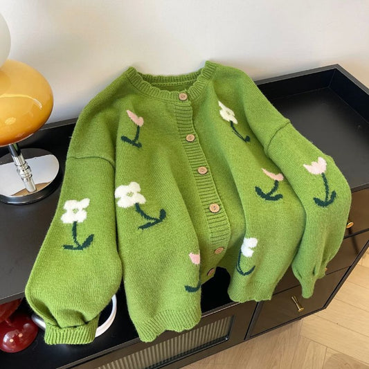 Women's Elegant Emerald Green Floral Sweater Coat - Soft, Ruffled Collar, Loose Fit. Fall/Winter Chic Outerwear, Versatile for Casual & Formal Outfits.