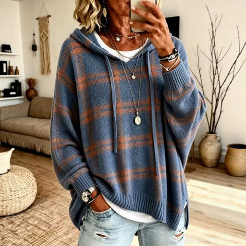 European and american retro plaid hooded knit sweatshirt - women's loose fit drop shoulder drawstring pullover sweater - casual outerwear top