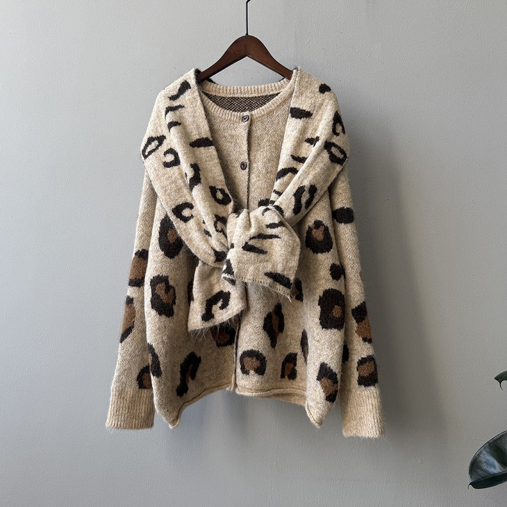 Women's Leopard Bow Collar Cardigan - Cropped H-Line Fall Winter Jacket