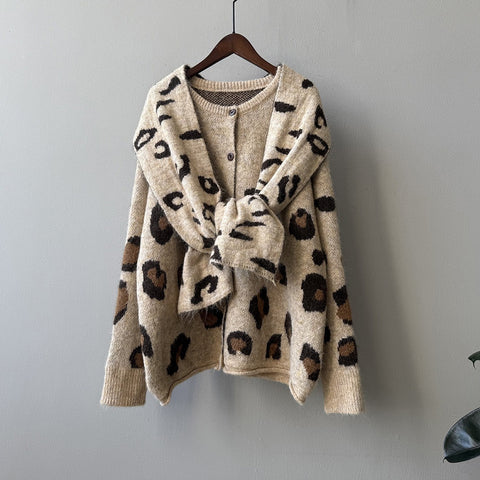 Women's Leopard Bow Collar Cardigan - Cropped H-Line Fall Winter Jacket