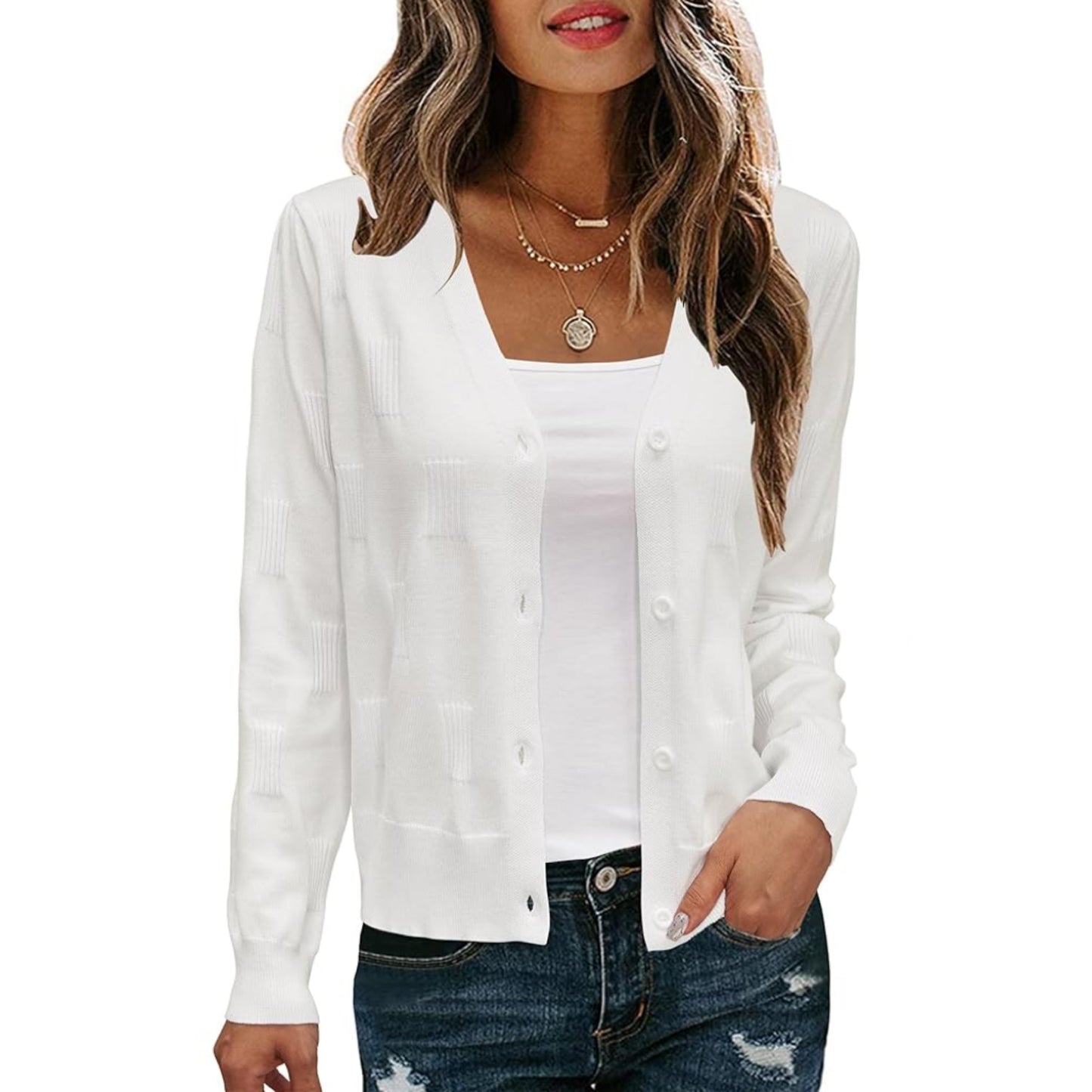 White Women's Soft Cropped Cardigan Casual Lightweight Shrug Sweater Tops