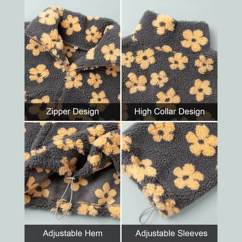 Women's Y2k Floral Half-Zip Sherpa Fleece Pullover (Long Sleeve, Pocket)