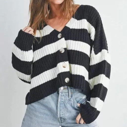 Women's Casual Striped Long-Sleeve V-Neck Loose Knit Cardigan Sweater