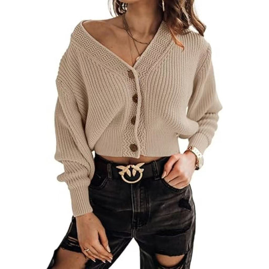 Women's Long Sleeve V-Neck Button Down Rib Knit Cropped Cardigan Sweater
