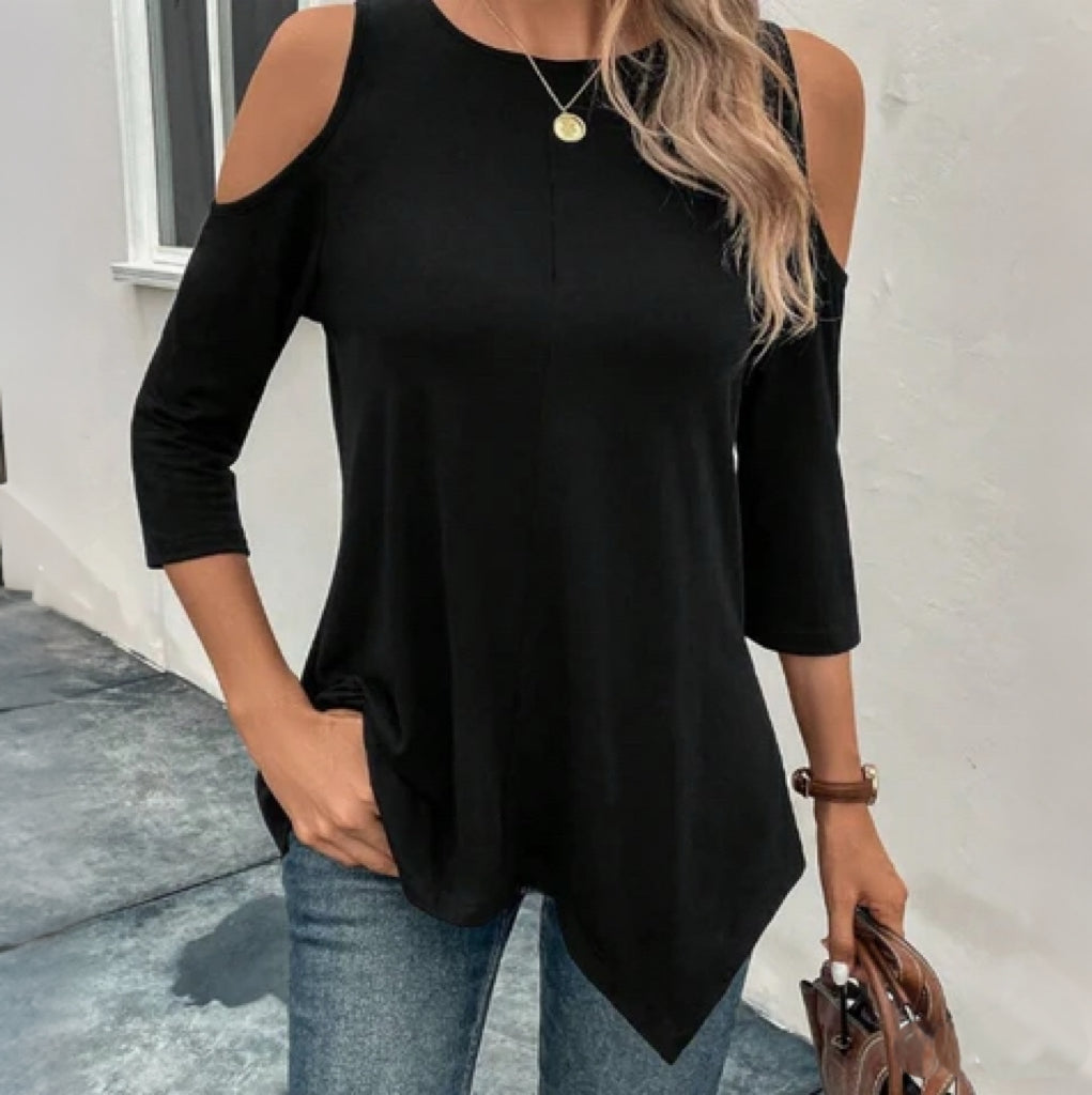 Women Cold Shoulder Asymmetrical Hem Tee Tops
