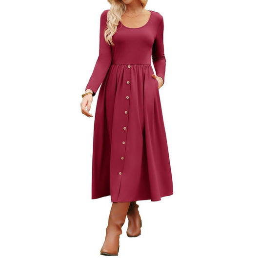 Women's Long Sleeve Midi Dress 2025 Fall Casual Crewneck Knit Button Flowy A Line Dresses with Pockets