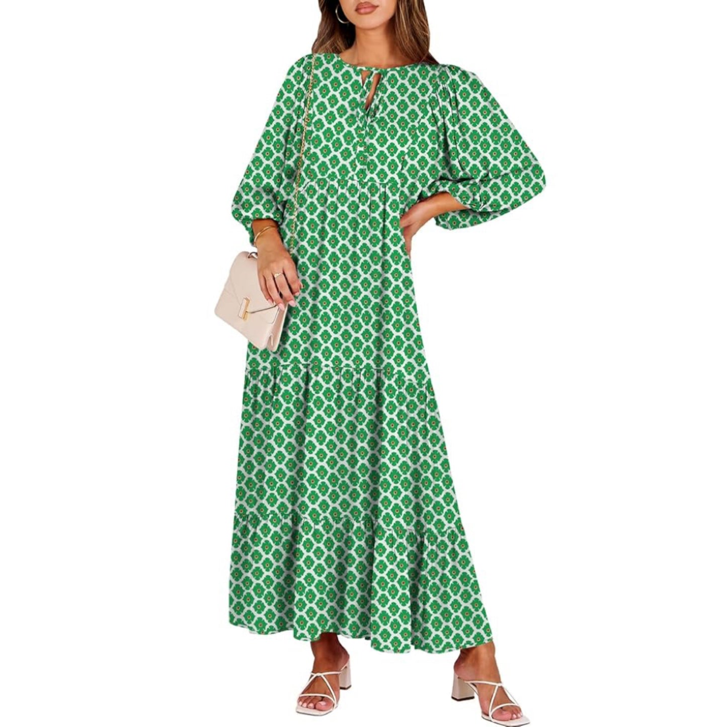 Womens Boho Maxi Dresses 2025 Summer V Neck Puff Sleeve Floral Flowy Swing Casual Long Dress