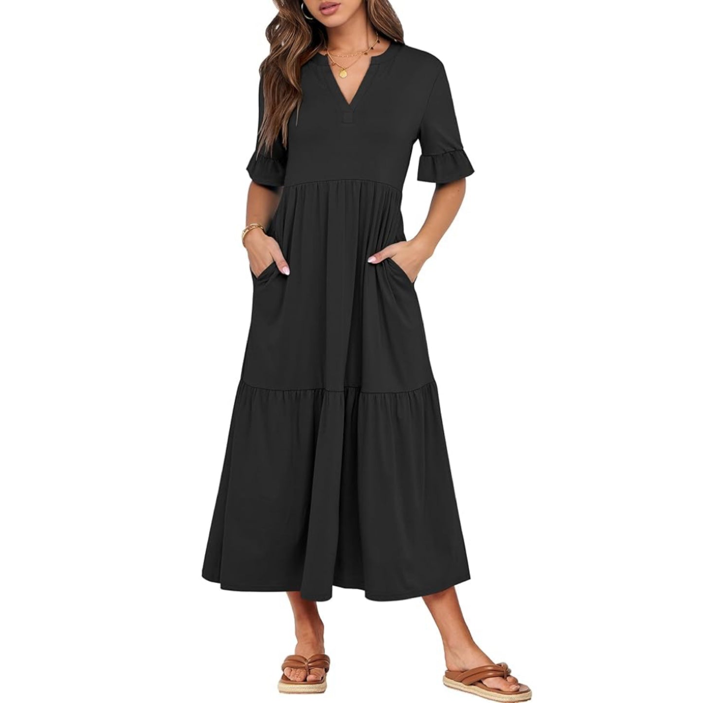 Women's Casual Summer Ruffle Short Sleeve T Shirts Maxi Dress 2025 Fall V Neck Flowy Tiered Boho Beach Dresses