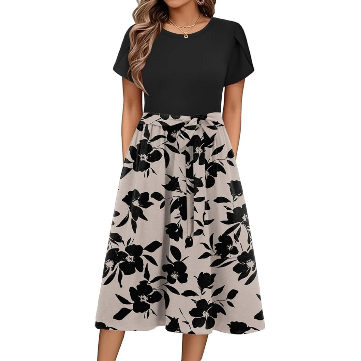 Womens Midi Dress Summer Short Sleeve Dress with Pockets 2025 Casual Floral T-Shirt Dress Flowy Beach Sundress