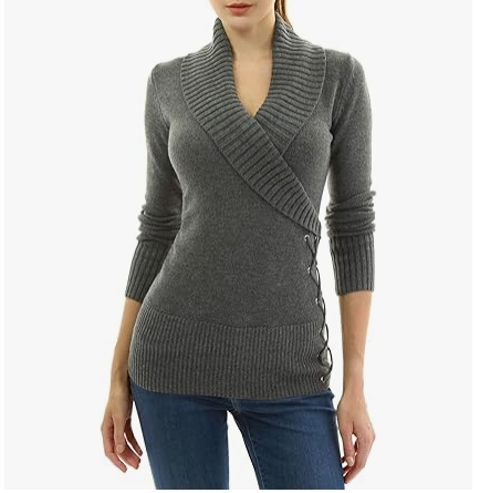 Women Slim Fit Sexy Casual Shawl Collar Faux Wrap Lace Up Long Sleeve Sweater