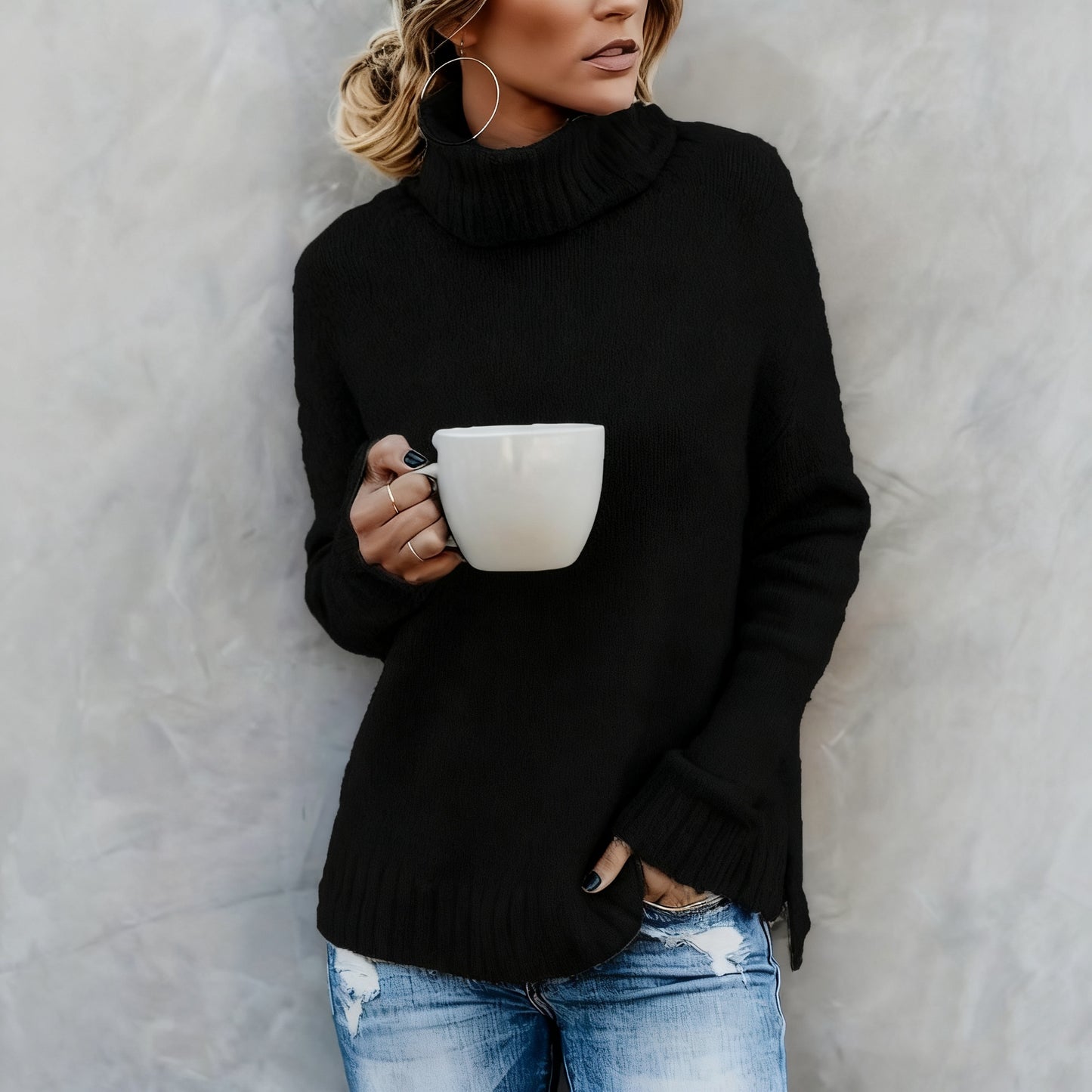 Turtleneck Knit Sweater High Low Split Design Top Casual And Elegant