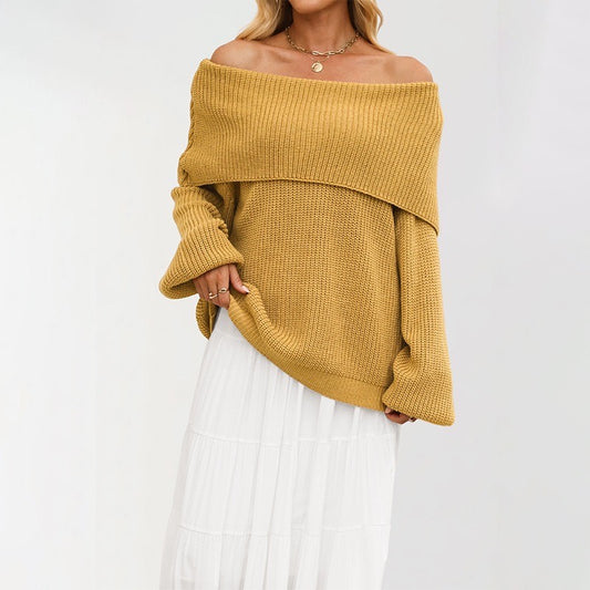 Loose-Fit Off-Shoulder Knit Sweater – Casual Crewneck Pullover