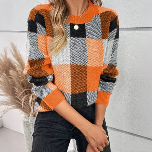 Women's Crew Neck Long Sleeve Plaid Casual Sweater