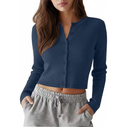 Women's Cropped Cardigans, Cotton Knit Long Sleeve Tops
