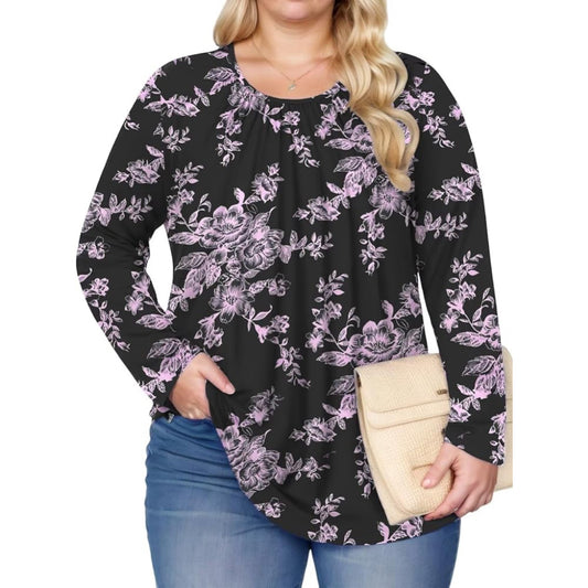 Plus-Size Women's Casual Long Sleeve Tees | Basic Tunics | Trendy Pleated Blouses