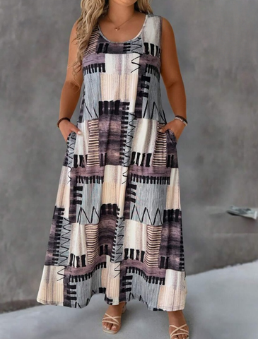 Plus Size Round Neck Casual Printed Knitted Dress