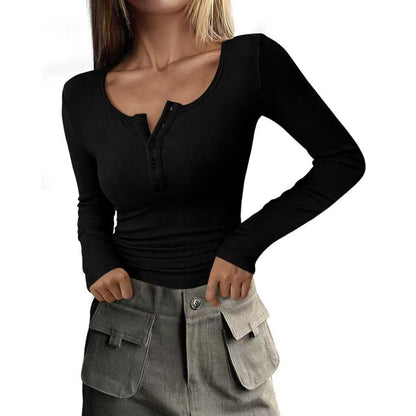 Women's  Long Sleeve  Buttoned Ribbed Knit Slim Top