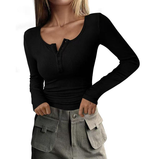 Women's  Long Sleeve  Buttoned Ribbed Knit Slim Top