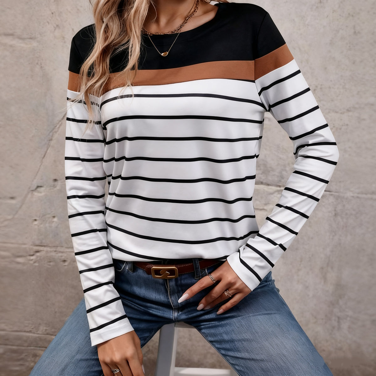 Striped Print Color block Graph Women Tops Fall Cloth