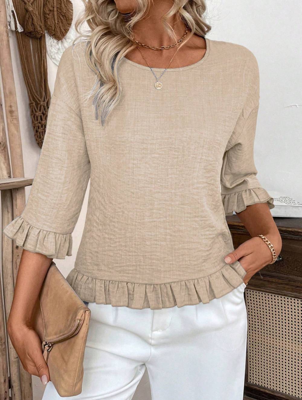 Women's Spring/Summer Fashion Casual Linen Blouse, Loose Fit Dolman Sleeve Round Neck